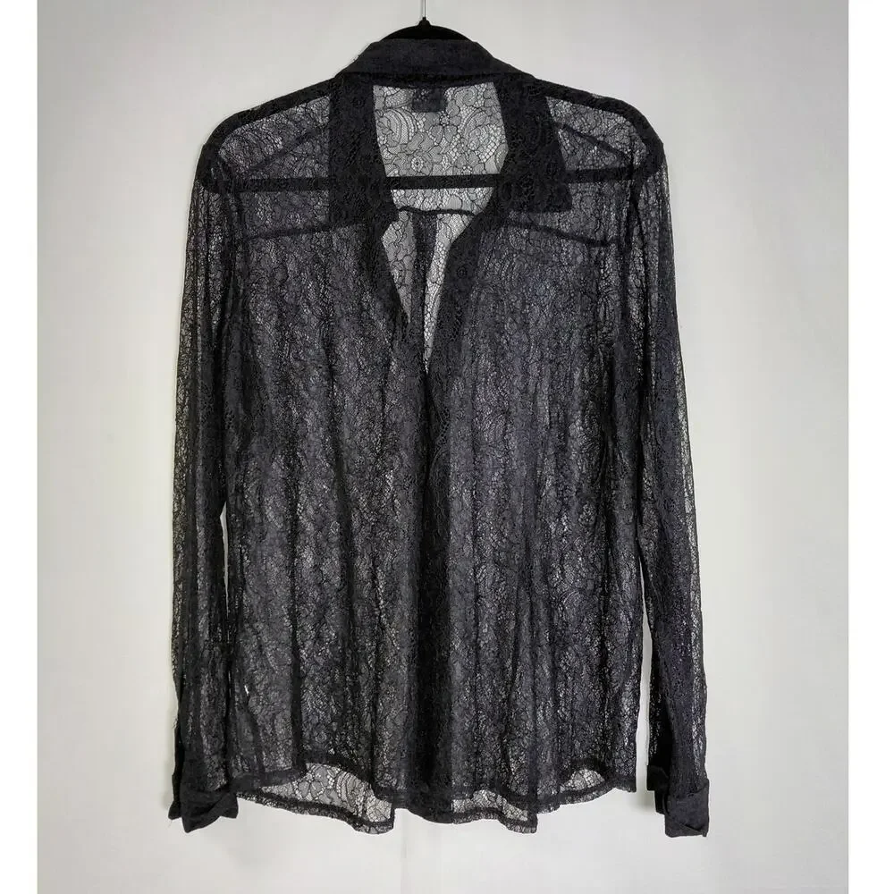 Chico's Sheer Floral Lace Long Sleeve Button Blouse Women See Measurements